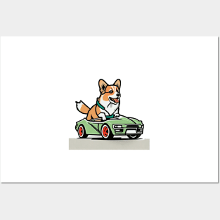 Corgi riding a sport car Posters and Art